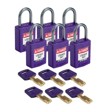 BRADY Compact SafeKey Key Retaining Nylon Padlock 1 in Aluminum Shackle KD Purple 6PK CPT-PRP-25AL-KD6PK